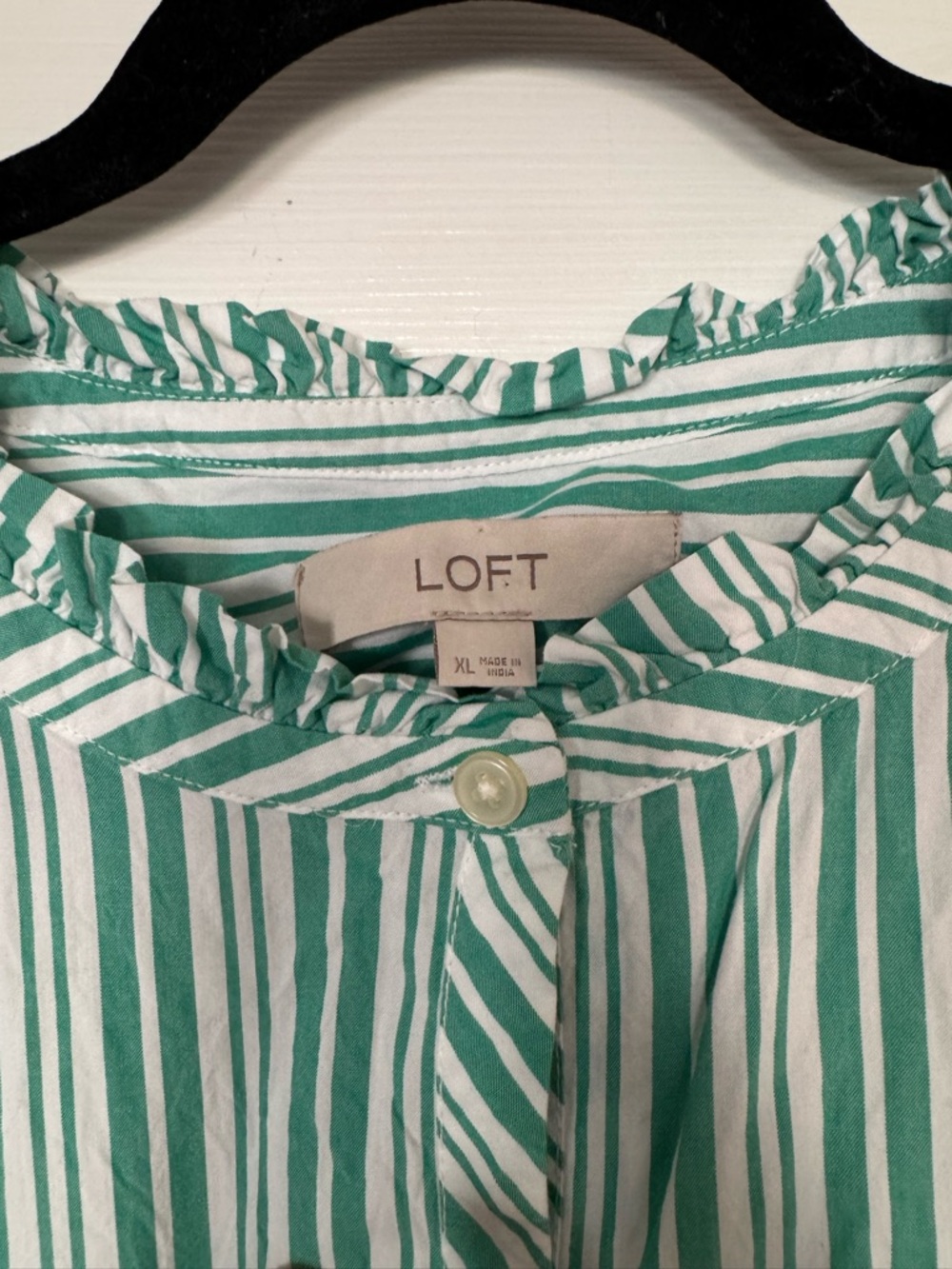 LOFT Green and White Striped Ruffle-Shoulder Shirt Dress - Picture 6 of 6